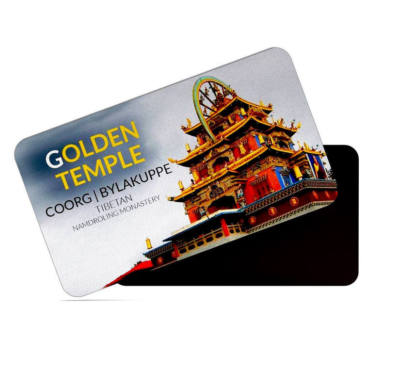 dhcrafts Rectangular Rubber Fridge Magnet / Magnetic Card Multicolor Karnataka Golden Temple Coorg Bylakuppe Tibetan Namdroling Monastery Design Pack of 1 (8.6cm x 5.4cm)